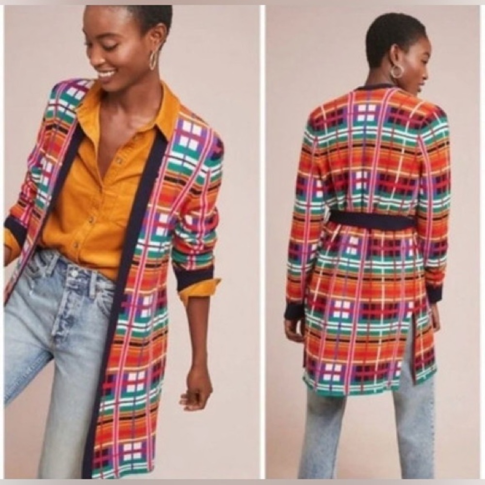 Anthropologie Moth Williston Plaid cardigan colorful knit tie waist coat sweater - Picture 2 of 12